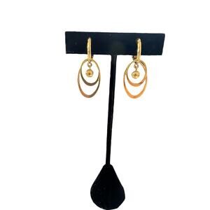 Vintage Monet Gold Tone Clip On Dangle Oval Layered Earrings